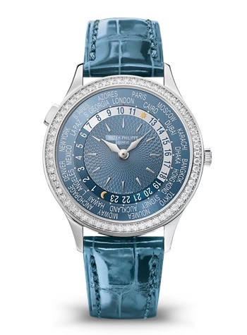 Patek Philippe Complications 36-7130G-014 (Shiny Peacock-blue Alligator Leather Strap, Hong Kong Hand-guilloched Blue Index Dial, Diamond Bezel)