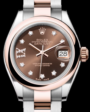 Rolex Lady-Datejust 28-279161 (Everose Rolesor Oyster Bracelet, Gold Diamond IX-set Chocolate Dial, Domed Bezel)