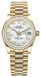 Rolex Datejust 31-278288RBR (Yellow Gold President Bracelet, Gold Diamond-set White MOP Dial, Diamond Bezel)