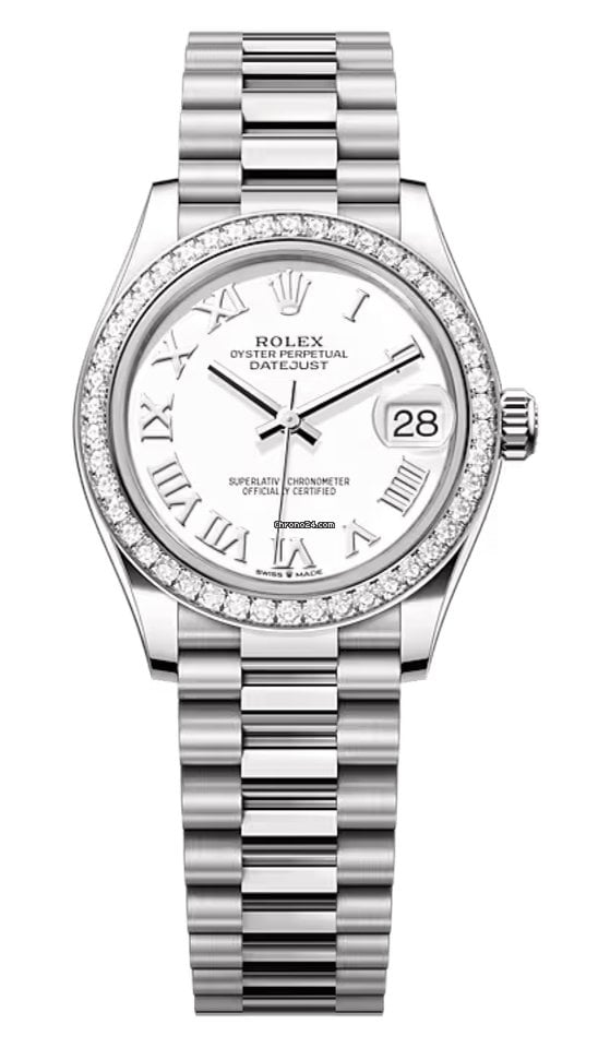 Rolex Datejust 31-278289RBR (White Gold President Bracelet, White Roman Dial, Diamond Bezel)