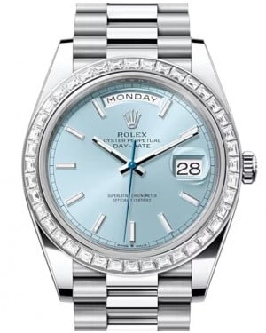 Rolex Day-Date 40-228396TBR (Platinum President Bracelet, Ice-blue Index Dial, Diamond Bezel)