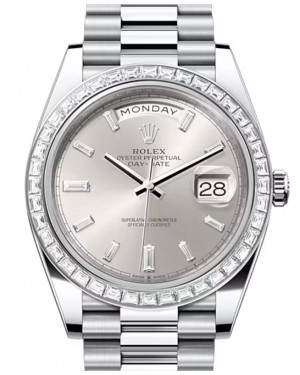 Rolex Day-Date 40-228396TBR (Platinum President Bracelet, Silver Diamond-set Index Dial, Diamond Bezel)