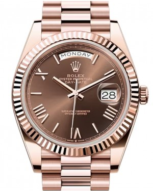 Rolex Day-Date 40-228235 (Everose Gold President Bracelet, Chocolate Roman Dial, Fluted Bezel)