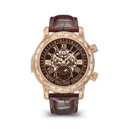 Patek Philippe Grand Complications 44-6002R-001 (Chestnut-patinated Alligator Leather Strap, Grand Feu-champlevé & cloisonné Brown Enamel Roman Dial, Hand-engraved Rose Gold Bezel) (6002R-001)