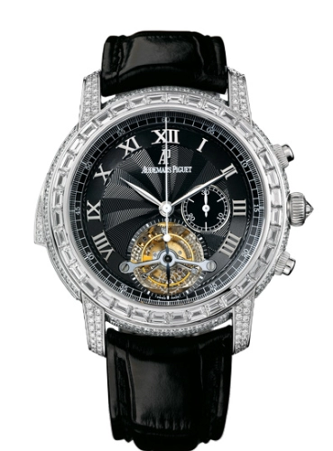 Audemars Piguet Jules Audemars 43-26118BC.ZZ.D002CR.01 (Black Alligator Leather Strap, Black Center Spiral-guilloched Roman Dial, Baguette-cut Diamond-set Bezel)