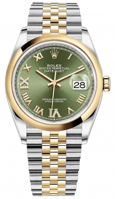 Rolex Datejust 36-126203 (Yellow Rolesor Jubilee Bracelet, VI IX Gold Diamond-set Olive-green Dial, Domed Bezel)