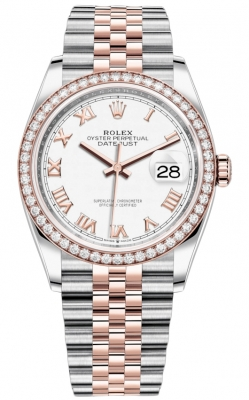 Rolex Datejust 36-126281RBR (Everose Rolesor Jubilee Bracelet, White Roman Dial, Diamond Bezel)