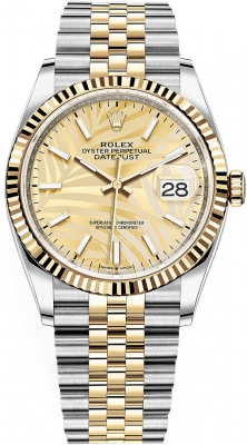 Rolex Datejust 36-126233 (Yellow Rolesor Jubilee Bracelet, Golden Palm Index Dial, Fluted Bezel)