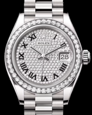 Rolex Lady-Datejust 28-279139RBR (White Gold President Bracelet, Diamond-paved Roman Dial, Diamond Bezel)