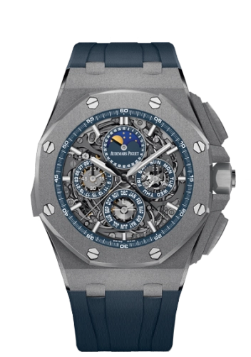 Audemars Piguet Royal Oak Offshore 44-26571TI.GG.A027CA.01 (Blue Rubber Strap, Transparent Sapphire Openworked Blue Index Dial, Sandblasted Titanium Bezel)