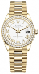 Rolex Datejust 31-278288RBR (Yellow Gold President Bracelet, Roman White Dial, Diamond Bezel)