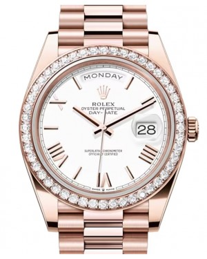 Rolex Day-Date 40-228345RBR (Everose Gold President Bracelet, White Roman Dial, Diamond Bezel)