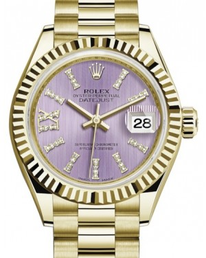 Rolex Lady-Datejust 28-279178 (Yellow Gold President Bracelet, Gold Diamond IX-set Lilac Index Dial, Fluted Bezel)