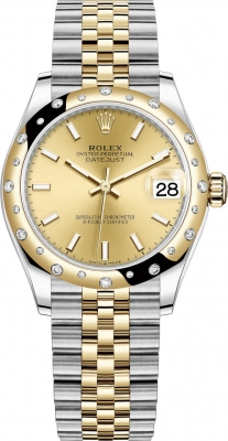 Rolex Datejust 31-278343RBR (Yellow Rolesor Jubilee Bracelet, Champagne Index Dial, Domed Diamond Bezel)