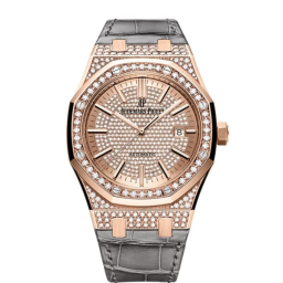 Audemars Piguet Royal Oak 41-15402OR.ZZ.D003CR.01 (Grey Alligator Leather Strap, Diamond-paved Pink Gold-toned Index Dial, Pink Gold Diamond-set Bezel) (15402OR.ZZ.D003CR.01)