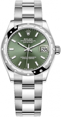 Rolex Datejust 31-278344RBR (Oystersteel Oyster Bracelet, Mint-green Index Dial, Domed Diamond Bezel)