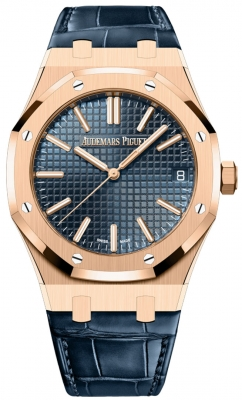 Audemars Piguet Royal Oak 41-15510OR.OO.D315CR.02 (Blue Alligator Leather Strap, Grande Tapisserie Bleu Nuit Nuage 50 Index Dial, Pink Gold Smooth Bezel)