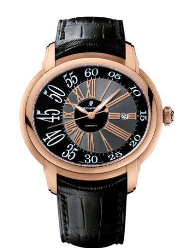 Audemars Piguet Millenary 45-15320OR.OO.D002CR.01 (Black Alligator Leather Strap, Black-lacquered Grey Roman Dial, Pink Gold Smooth Bezel)