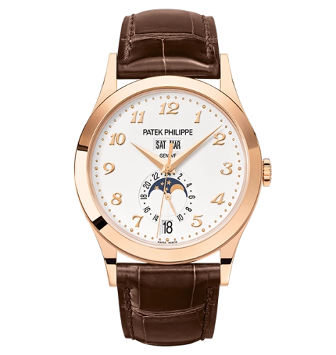 Patek Philippe Complications 38.5-5396R-012 (Shiny Chocolate-brown Alligator Leather Strap, Silvery Opaline Arabic Dial, Rose Gold Smooth Bezel)