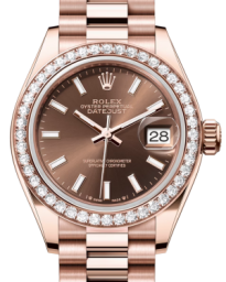 Rolex Lady-Datejust 28-279135RBR (Everose Gold President Bracelet, Chocolate Index Dial, Diamond Bezel) (m279135rbr-0005)