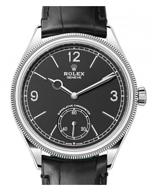 Rolex 1908 39-52509 (Black Alligator Leather Strap, Intense-black Roman/Index Dial, Domed & Fluted Bezel)