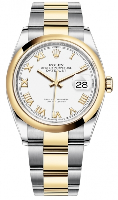 Rolex Datejust 36-126203 (Yellow Rolesor Oyster Bracelet, White Roman Dial, Domed Bezel)