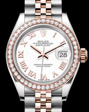 Rolex Lady-Datejust 28-279381RBR (Everose Rolesor Jubilee Bracelet, White Roman Dial, Diamond Bezel)