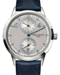 Patek Philippe Complications 40.5-5235G-001 (Blue Alligator Leather Strap, Two-tone Silver Index Dial, White Gold Smooth Bezel) (5235G-001)