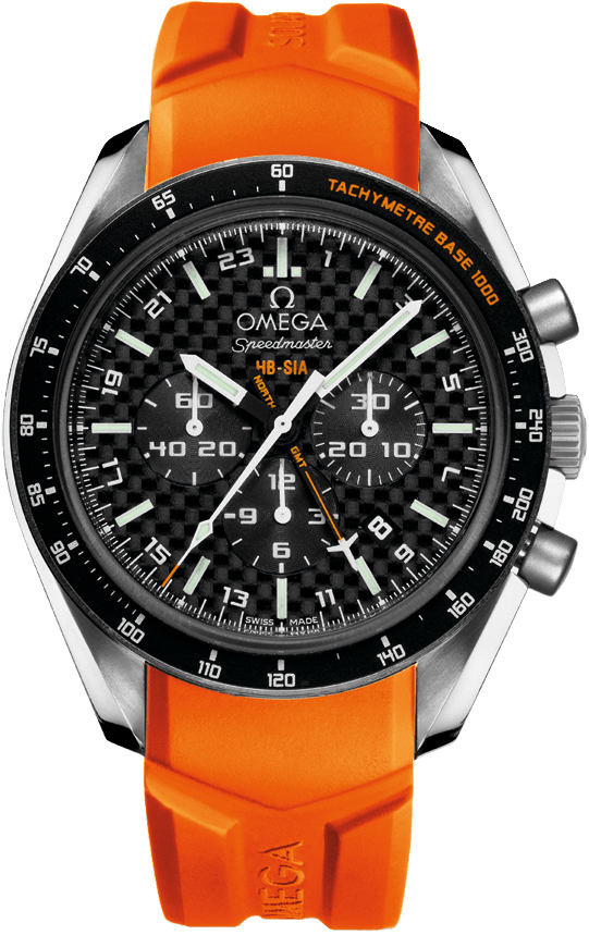 Omega Speedmaster Non-Moonwatch 44.25-321.92.44.52.01.003 (Orange Rubber Strap, Black Carbon Index Dial, Black Tachymeter Bezel)