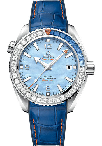 Omega Seamaster Planet Ocean 600M 43.5-215.58.44.21.07.001 (Blue Alligator Leather Strap, Blue MOP Arabic/Index Dial, Baguette-cut Blue Sapphire/Diamond-set Bezel)