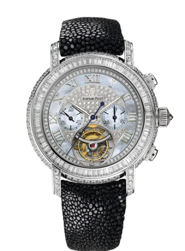 Audemars Piguet Jules Audemars 41-26083BC.ZZ.D102CR.01 (Black Alligator Leather Strap, Diamond-paved White MOP Roman Dial, Baguette-cut Diamond-set Bezel)