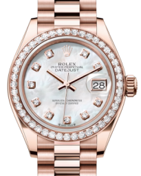 Rolex Lady-Datejust 28-279135RBR (Everose Gold President Bracelet, Gold Diamond-set White MOP Dial, Diamond Bezel) (m279135rbr-0010)