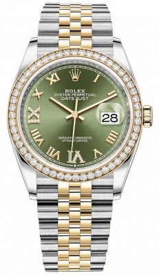 Rolex Datejust 36-126283RBR (Yellow Rolesor Jubilee Bracelet, VI IX Gold Diamond-set Olive-green Dial, Diamond Bezel)
