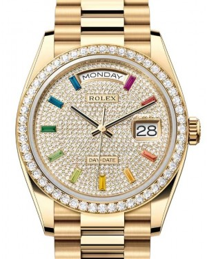 Rolex Day-Date 36-128348RBR (Yellow Gold President Bracelet, Diamond-paved Rainbow-colored Sapphire-set Index Dial, Diamond Bezel)