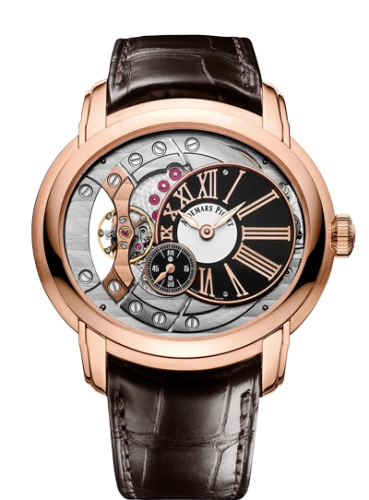 Audemars Piguet Millenary 47-15350OR.OO.D093CR.01 (Brown Alligator Leather Strap, Off-centred Black Roman Disc Openworked Dial, Pink Gold Smooth Bezel)