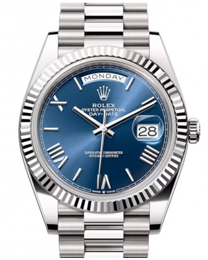 Rolex Day-Date 40-228239 (White Gold President Bracelet, Bright-blue Roman Dial, Fluted Bezel)