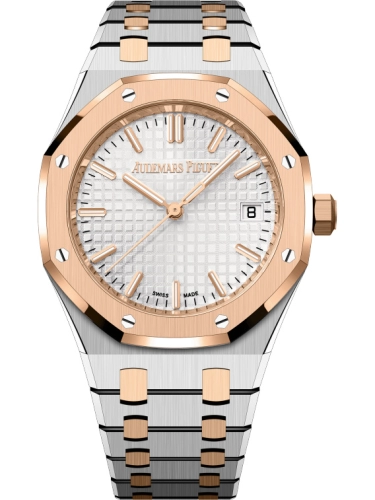 Audemars Piguet Royal Oak 34-77450SR.OO.1361SR.01 (Pink Gold & Stainless Steel Bracelet, Grande Tapisserie Silver-toned Index Dial, Pink Gold Smooth Bezel)