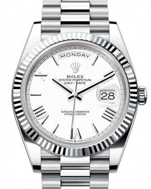Rolex Day-Date 40-228236 (Platinum President Bracelet, White Roman Dial, Fluted Bezel)