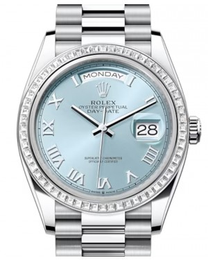 Rolex Day-Date 36-128396TBR (Platinum President Bracelet, Ice-blue Roman Dial, Diamond Bezel)