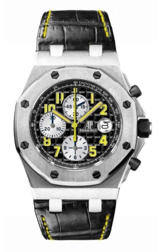 Audemars Piguet Royal Oak OffShore 42-26115TI.OO.D002CR.01 (Black Alligator Leather Strap, Méga Tapisserie Black Arabic Dial, Titanium Smooth Bezel)