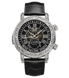 Patek Philippe Grand Complications 44-6002G-010 (Shiny-black Alligator Leather Strap, Grand Feu-champlevé & cloisonné Black Enamel Roman Dial, Hand-engraved White Gold Bezel) (6002G-010)