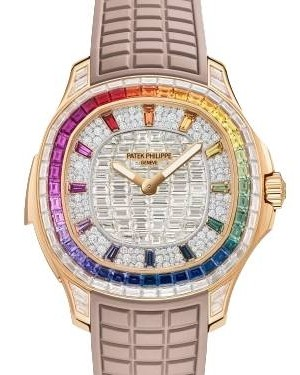 Patek Philippe Grand Complications 38.8-5260/355R-001 (Matte-beige Rubber Strap, Multicolored-sapphire Markers Diamond-paved Dial, Diamond &amp; Multicolored-sapphire Bezel)