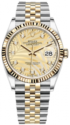 Rolex Datejust 36-126233 (Yellow Rolesor Jubilee Bracelet, Gold Diamond-set Golden Palm Dial, Fluted Bezel)