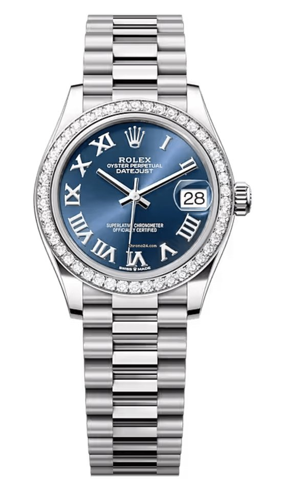 Rolex Datejust 31-278289RBR (White Gold President Bracelet, Bright-blue Roman Dial, Diamond Bezel)