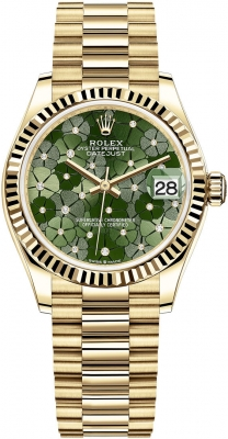 Rolex Datejust 31-278278 (Yellow Gold President Bracelet, Gold Diamond-set Olive-green Floral Dial, Fluted Bezel)