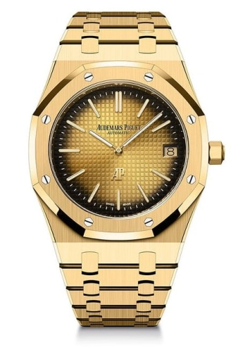 Audemars Piguet Royal Oak 39-16202BA.OO.1240BA.01 (Yellow Gold Bracelet, Petite Tapisserie Smoked Yellow Gold-toned Index Dial, Yellow Gold Smooth Bezel)