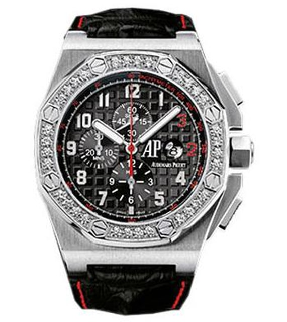 Audemars Piguet Royal Oak Offshore 48-26134BC.ZZ.A101CR.01 (Black Alligator Leather Strap, Méga Tapisserie Black Arabic Dial, White Gold Diamond-set Bezel)