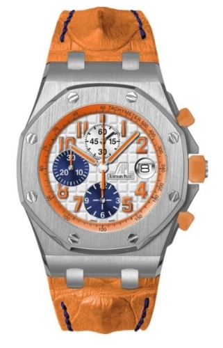 Audemars Piguet Royal Oak Offshore 42-26217BC.OO.D607CR.01 (Orange Alligator Leather Strap, Méga Tapisserie Silver-toned Arabic Dial, White Gold Smooth Bezel)