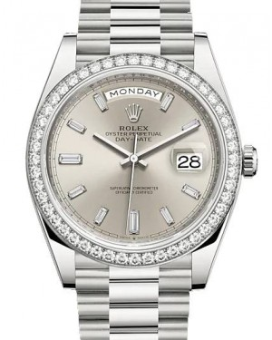 Rolex Day-Date 40-228349RBR (White Gold President Bracelet, Silver Diamond-set Index Dial, Diamond Bezel)