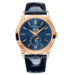 Patek Philippe Complications 38.5-5396R-014 (Shiny Navy-blue Alligator Leather Strap, Blue Sunburst Index Dial, Rose Gold Smooth Bezel) (5396R-014)